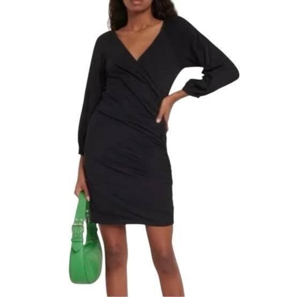 Velvet by Graham & Spencer Paris Faux Wrap Dress Black Ruched V-Neck GAUZYWHSP M